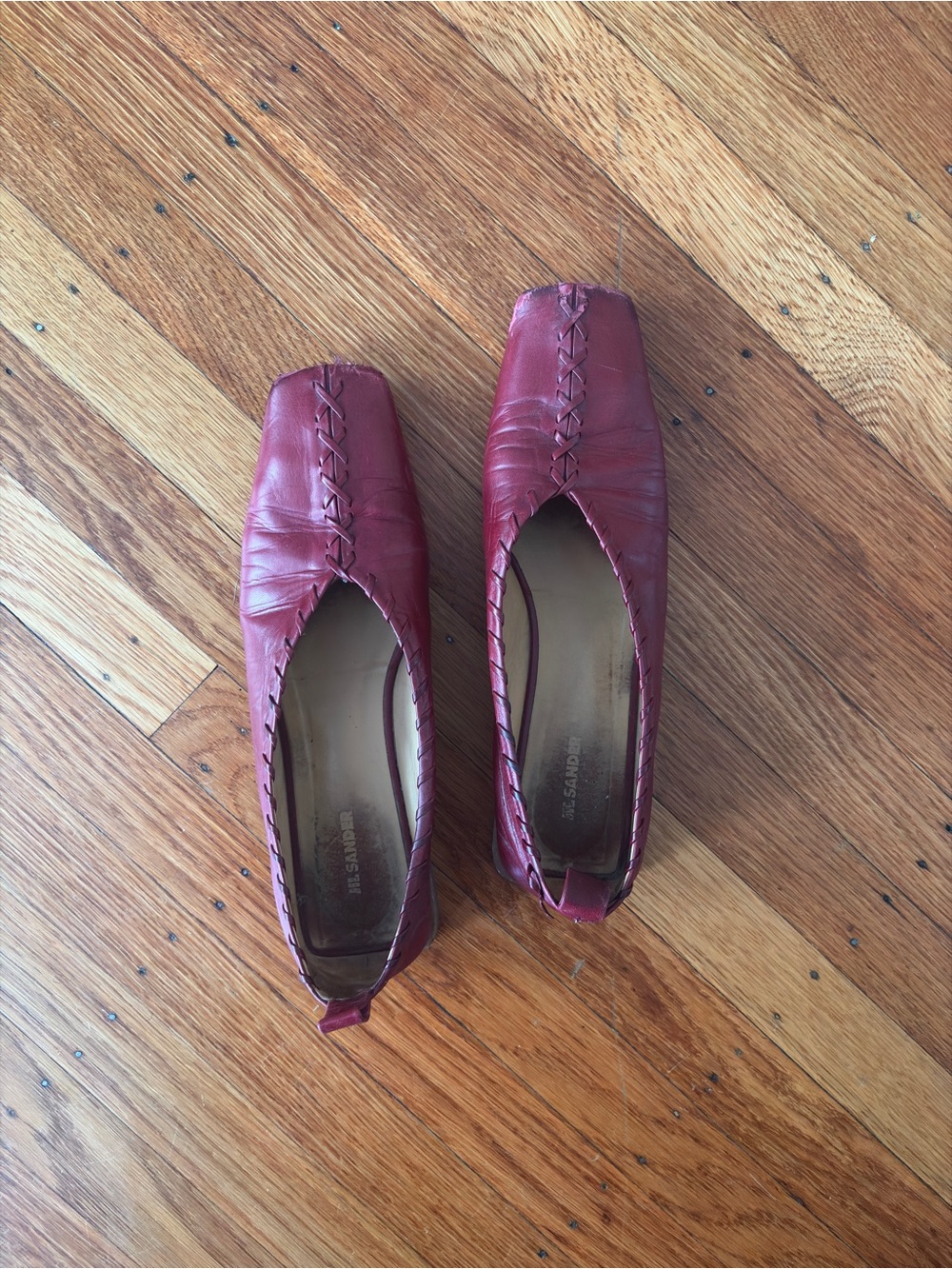Jil Sander Burgundy Leather Square-Toe Flats with metal ankle ring